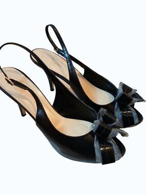 KATE SPADE Black Leather Billow Bow Slingback Pumps